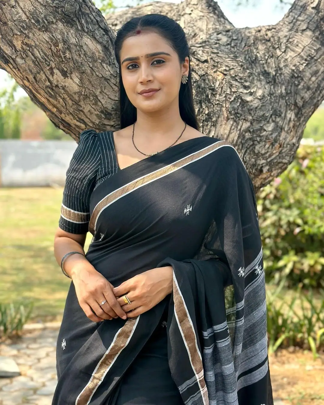 Indian Girl Kavya Shree In Traditional Black Saree Blouse